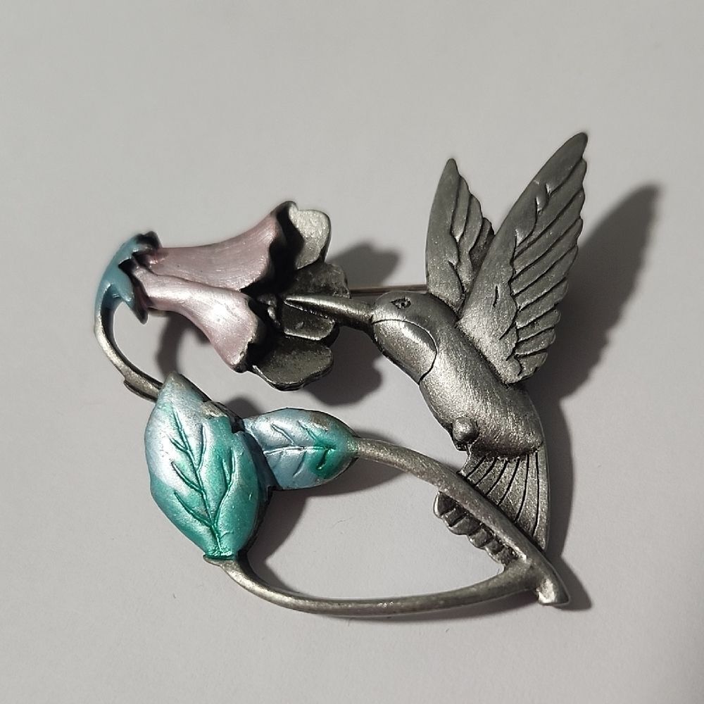 Elegant Silver Hummingbird Brooch with Pink and Green Accents
